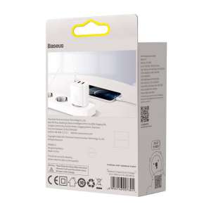 Baseus kompakt gyorstöltő, 2xUSB, USB-C, PD, 3A, 30 W, Fehér
