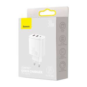 Baseus kompakt gyorstöltő, 2xUSB, USB-C, PD, 3A, 30 W, Fehér