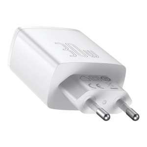 Baseus kompakt gyorstöltő, 2xUSB, USB-C, PD, 3A, 30 W, Fehér