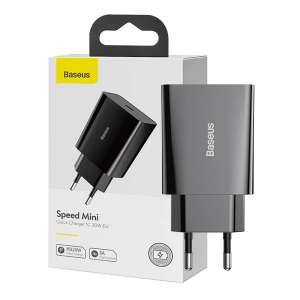 Baseus speed mini gyorstöltő, USB + USB-C, PD, 3A, 20W, Fekete