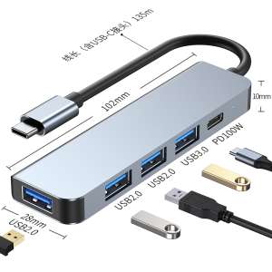 HubPro - 5in1 Type-C Adapter, USB3.0, USB2.0, Type-C, Szürke