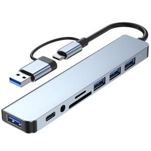 HubPro - 8in1 USB/Type-C HUB, USB, Type-C, Memórikártya, Jack, 5Gbps adatátvitel, Fekete